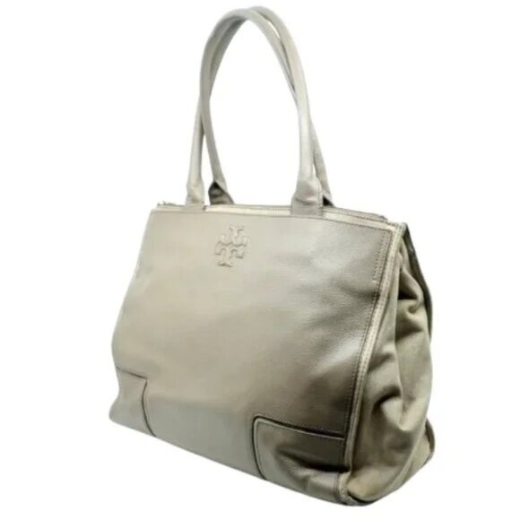 TORY BURCH~Ella~PEBBLED LEATHER & CANVAS EXTRA LARGE MULTI COMPARTMENT TOTE BAG - Picture 1 of 6